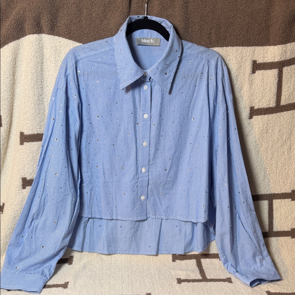 Blueb Striped Embellished High Low Shirt